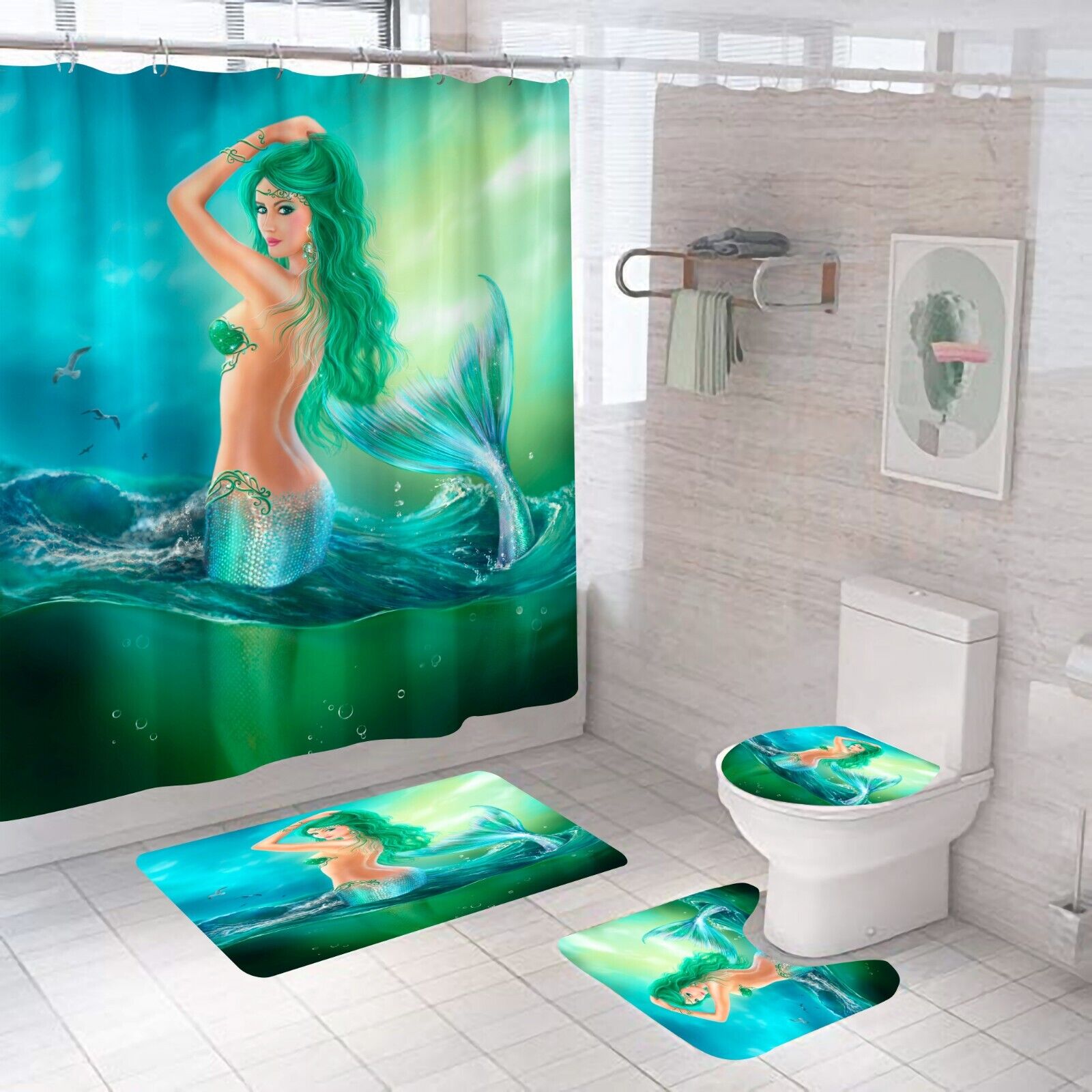 Vibrant Mermaid Print Shower Curtain for Girls Bathroom