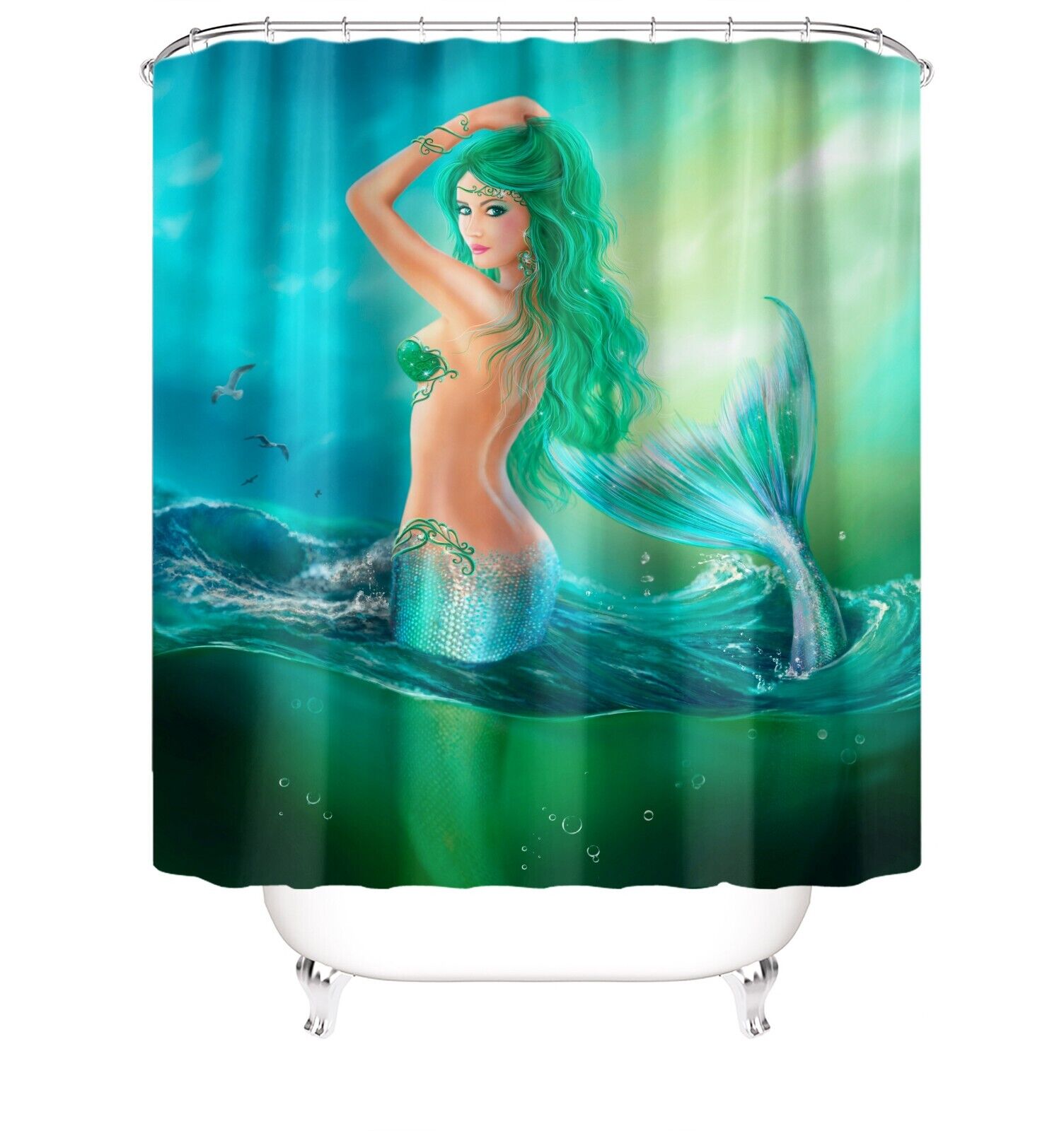 Vibrant Mermaid Print Shower Curtain for Girls Bathroom