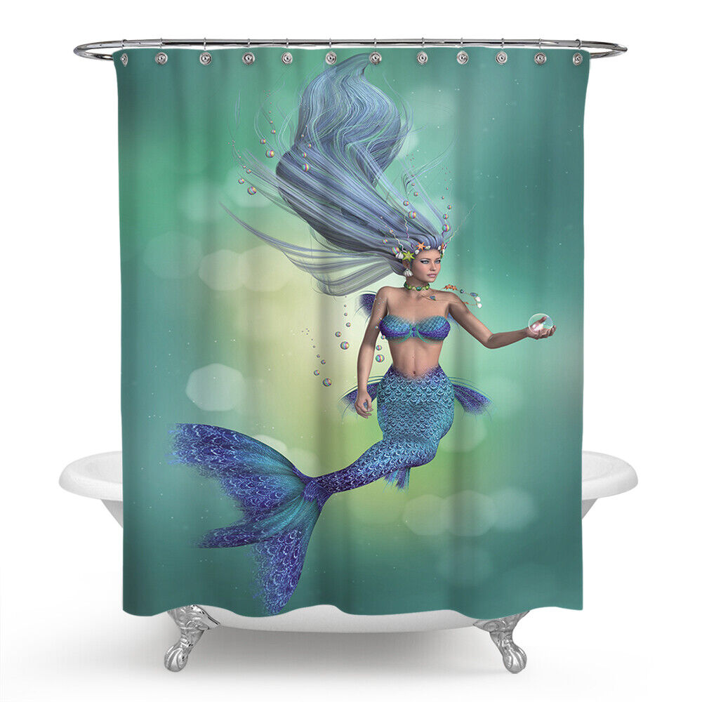 Vibrant Mermaid and Seahorse Fabric Shower Curtain for Bathroom Decor