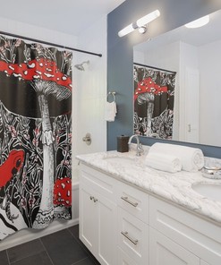 Vibrant Mushroom Toad Frog Print Shower Curtain, Trippy Bathroom Decor 
