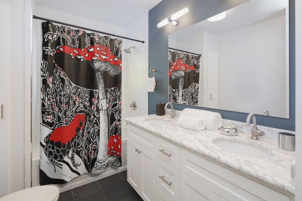 Vibrant Mushroom Toad Frog Print Shower Curtain, Trippy Bathroom Decor