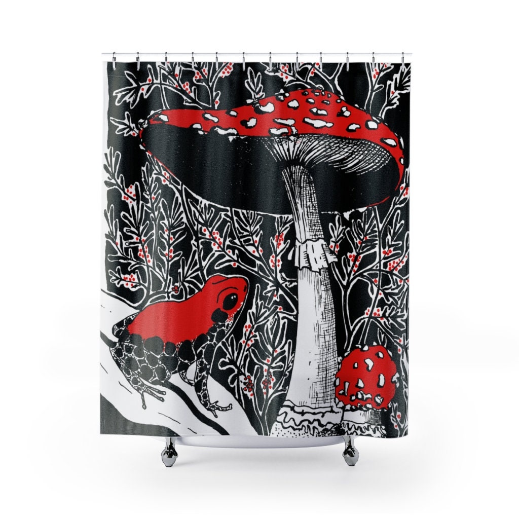 Vibrant Mushroom Toad Frog Print Shower Curtain, Trippy Bathroom Decor