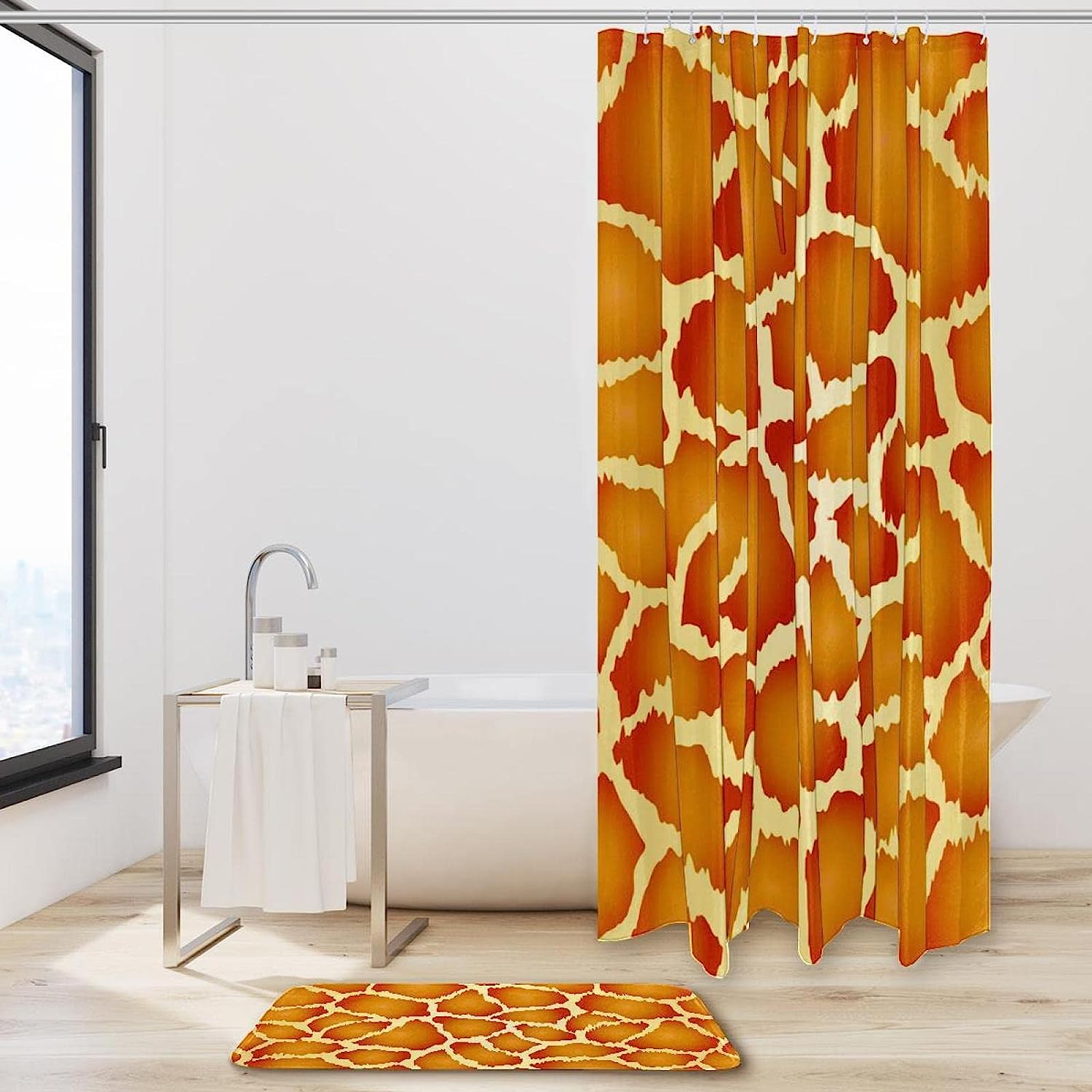 Vibrant Orange Giraffe Print Bath Curtain for a Fun and Waterproof Bathroom Accessory