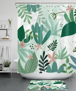 Vibrant Pink Flower with Cactus Green Leaves Shower Curtain for Botanical Bathroom Decor