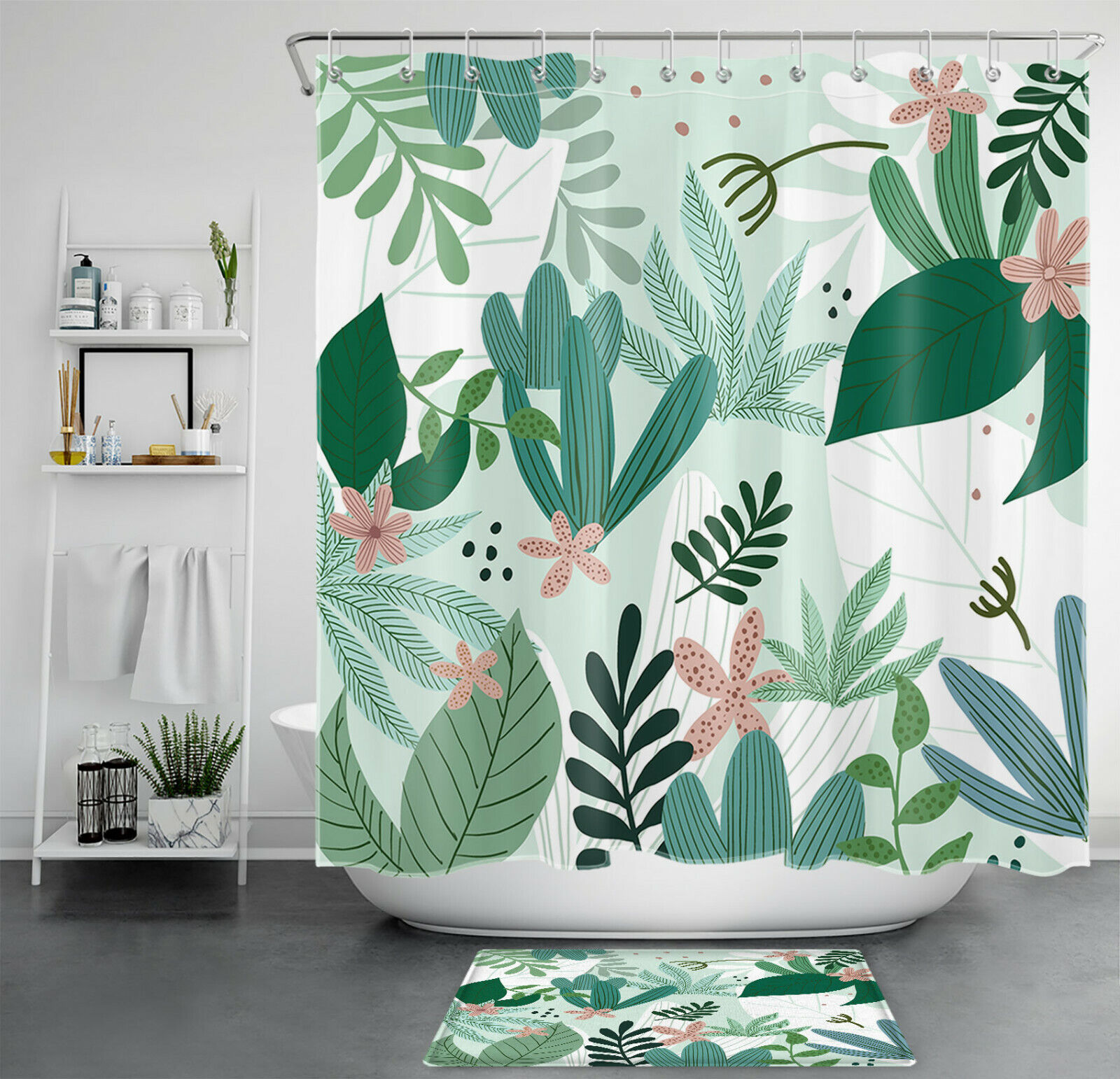 Vibrant Pink Flower with Cactus Green Leaves Shower Curtain for Botanical Bathroom Decor