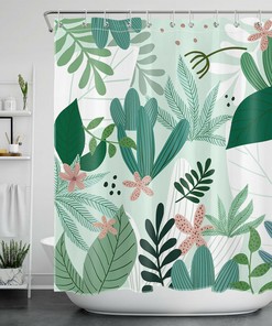 Vibrant Pink Flower with Cactus Green Leaves Shower Curtain for Botanical Bathroom Decor