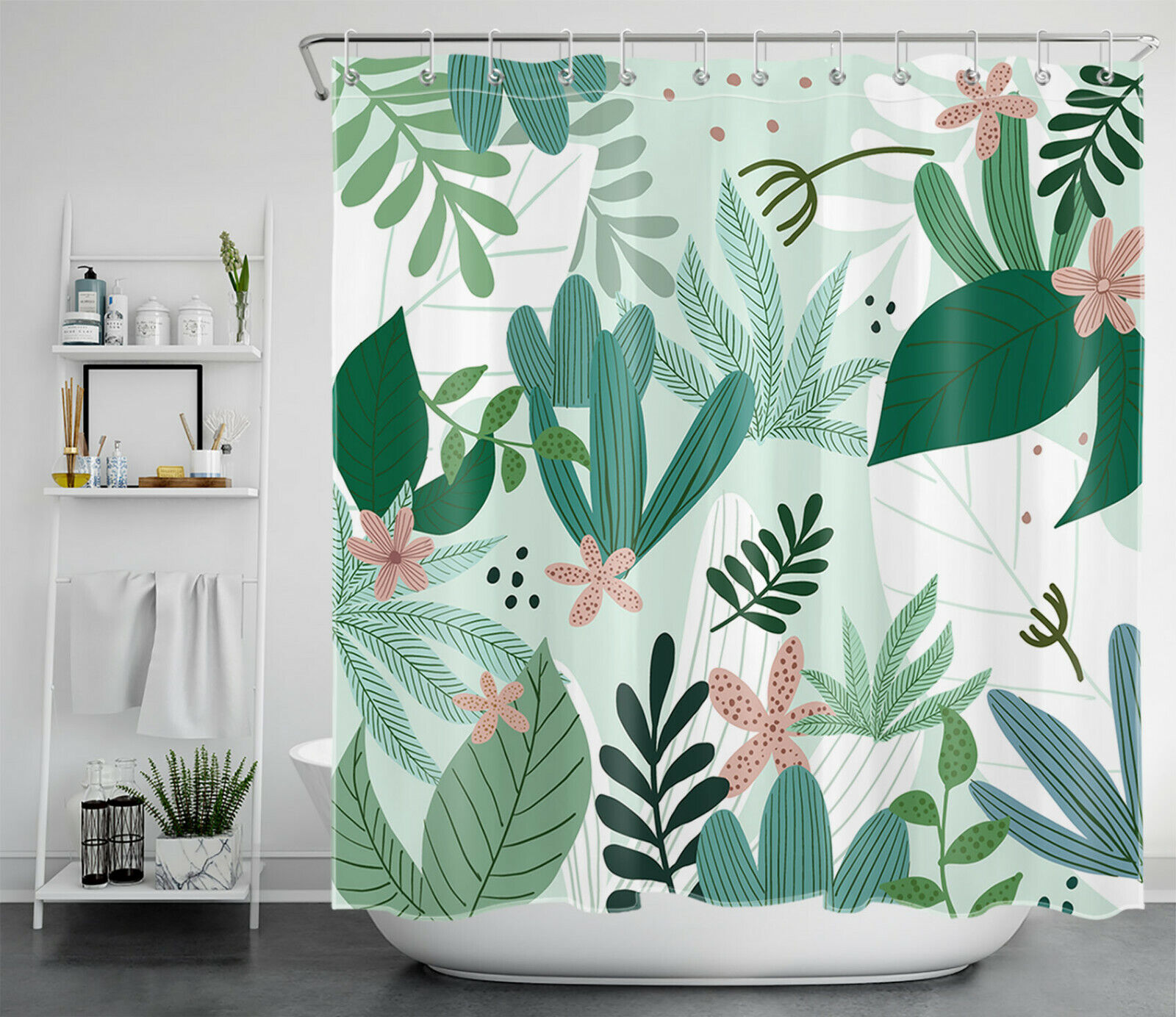 Vibrant Pink Flower with Cactus Green Leaves Shower Curtain for Botanical Bathroom Decor