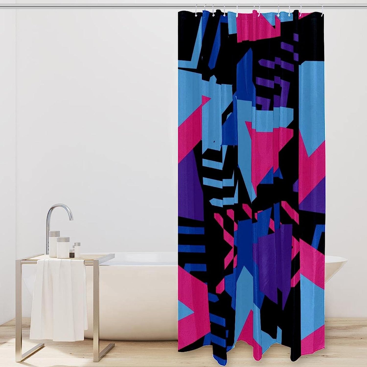 Vibrant Purple, Blue, and Rosy Geometric Abstract Triangle Shower Curtain for a Modern Bathroom Decor