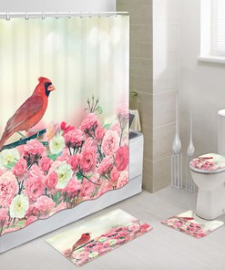 Vibrant Red Cardinal Bird And Rose Flower Shower Curtain