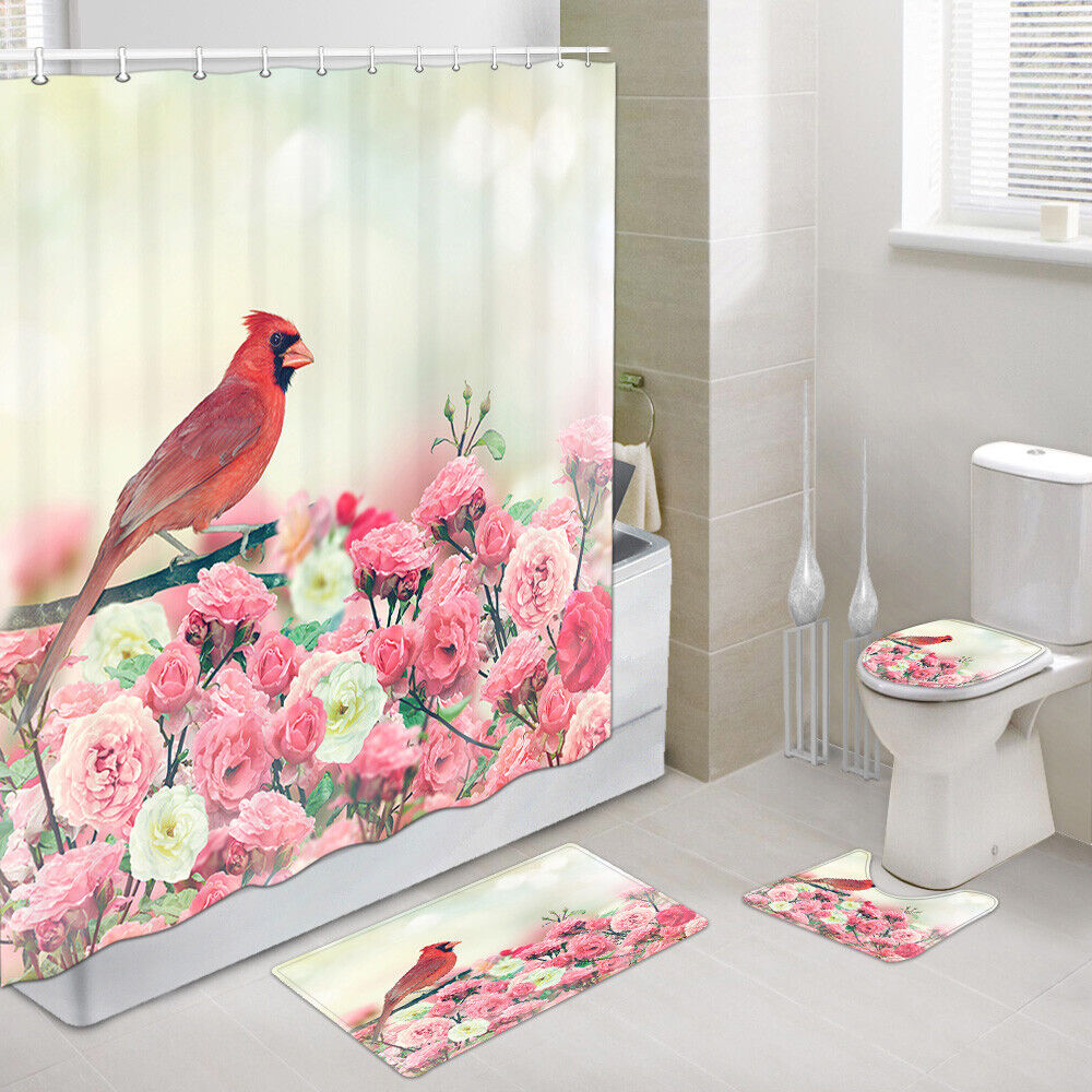 Vibrant Red Cardinal Bird And Rose Flower Shower Curtain