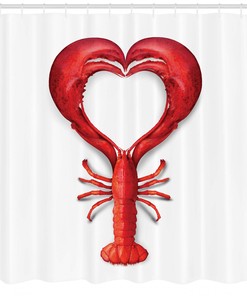 Vibrant Red Lobster Heart Print Shower Curtain for Seafood Lovers' Bathroom Decor