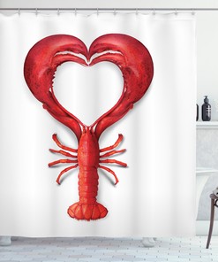 Vibrant Red Lobster Heart Print Shower Curtain for Seafood Lovers' Bathroom Decor