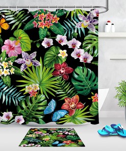 Vibrant Tropical Flower and Butterfly Print Shower Curtain for a Playful Bathroom