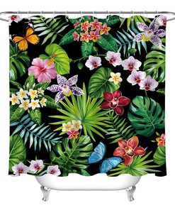 Vibrant Tropical Flower and Butterfly Print Shower Curtain for a Playful Bathroom