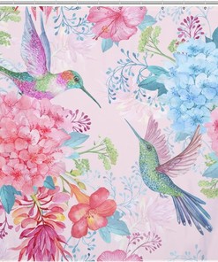 Vibrant Tropical Flower and Hummingbird Shower Curtain for a Lively Bathroom