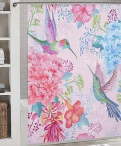 Vibrant Tropical Flower and Hummingbird Shower Curtain for a Lively Bathroom