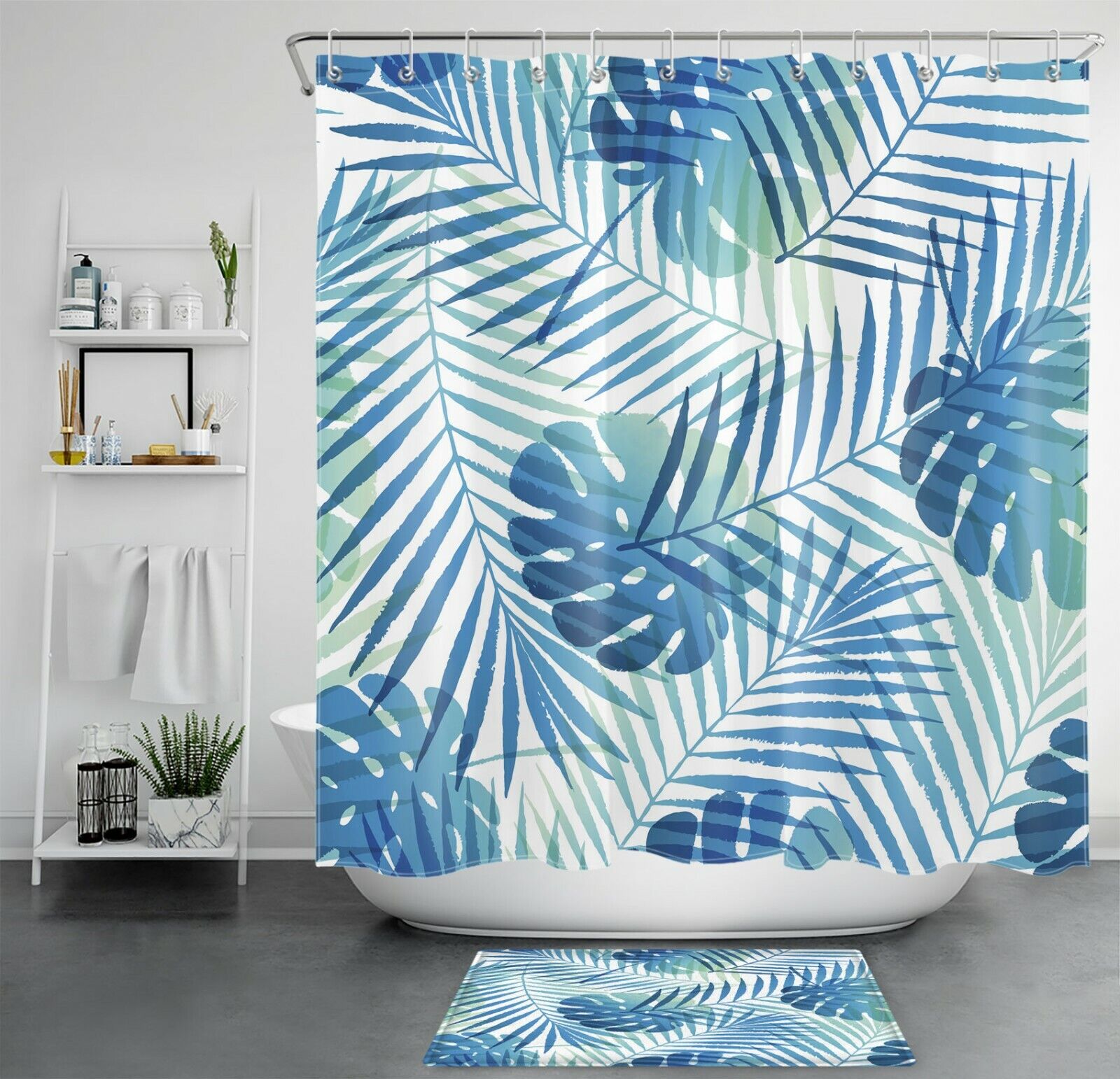 Vibrant Tropical Watercolor Palm Leaf Print Shower Curtain For Modern Bathroom Decor