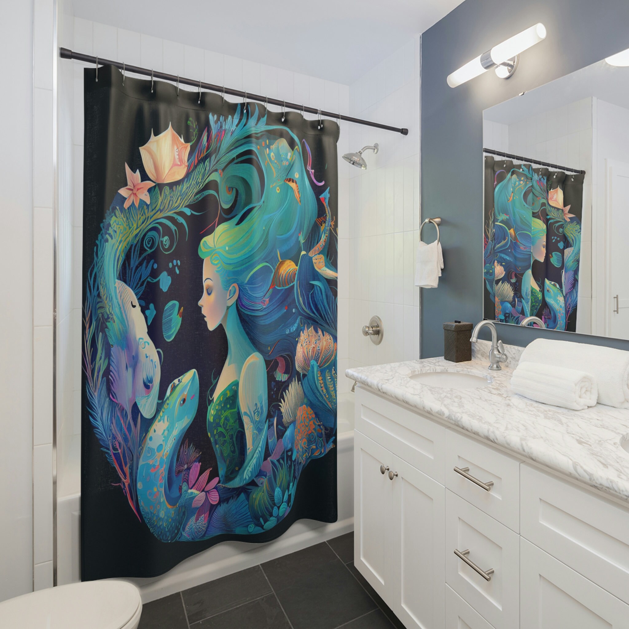 Vibrant Underwater Dreamland Mermaid Shower Curtain for Girls Bathroom