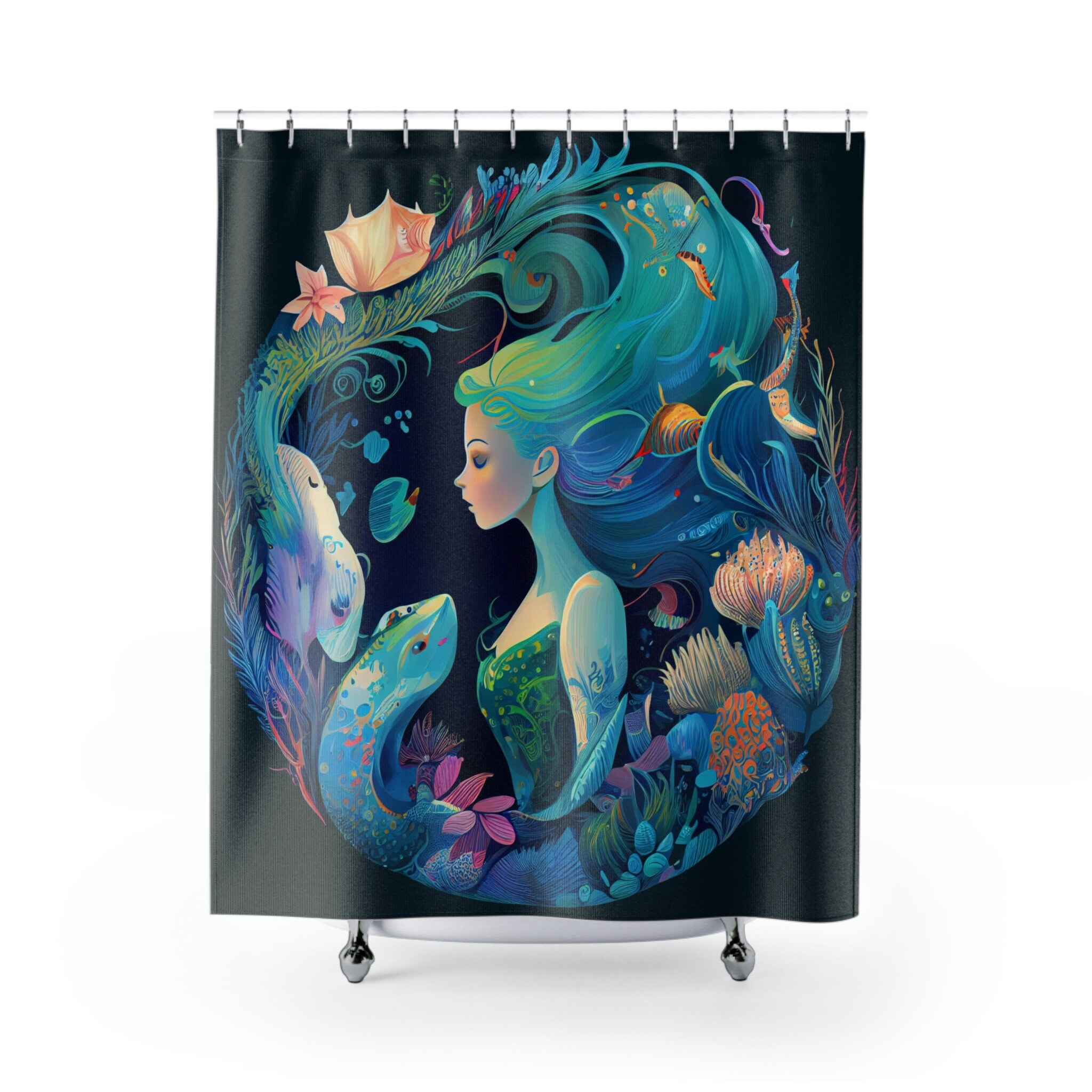 Vibrant Underwater Dreamland Mermaid Shower Curtain for Girls Bathroom