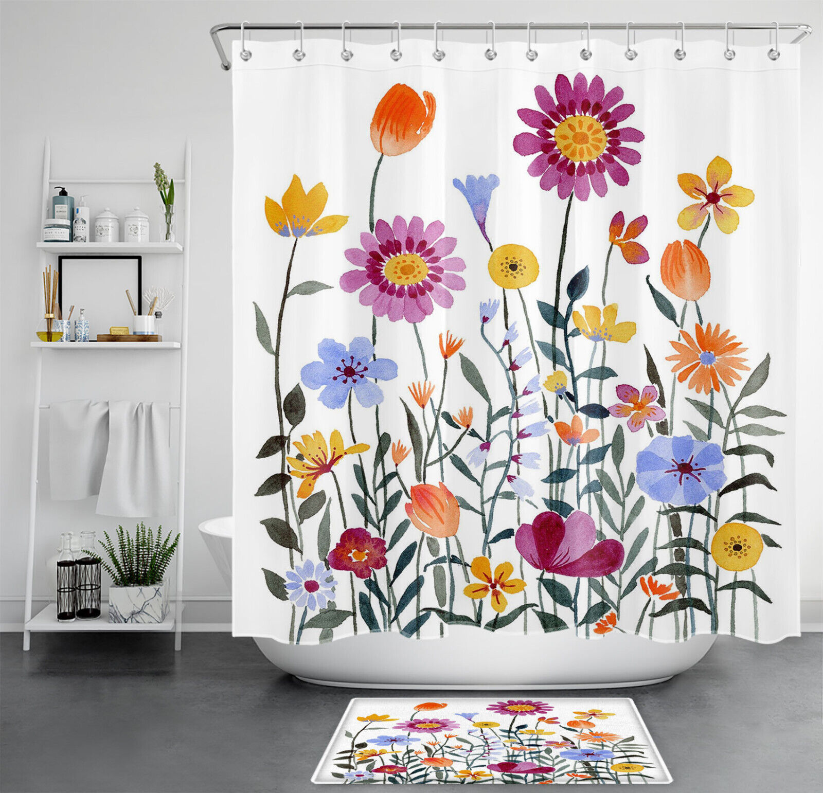 Vibrant Watercolor Botanical Colorful Flower Shower Curtain for a Cheerful Bathroom