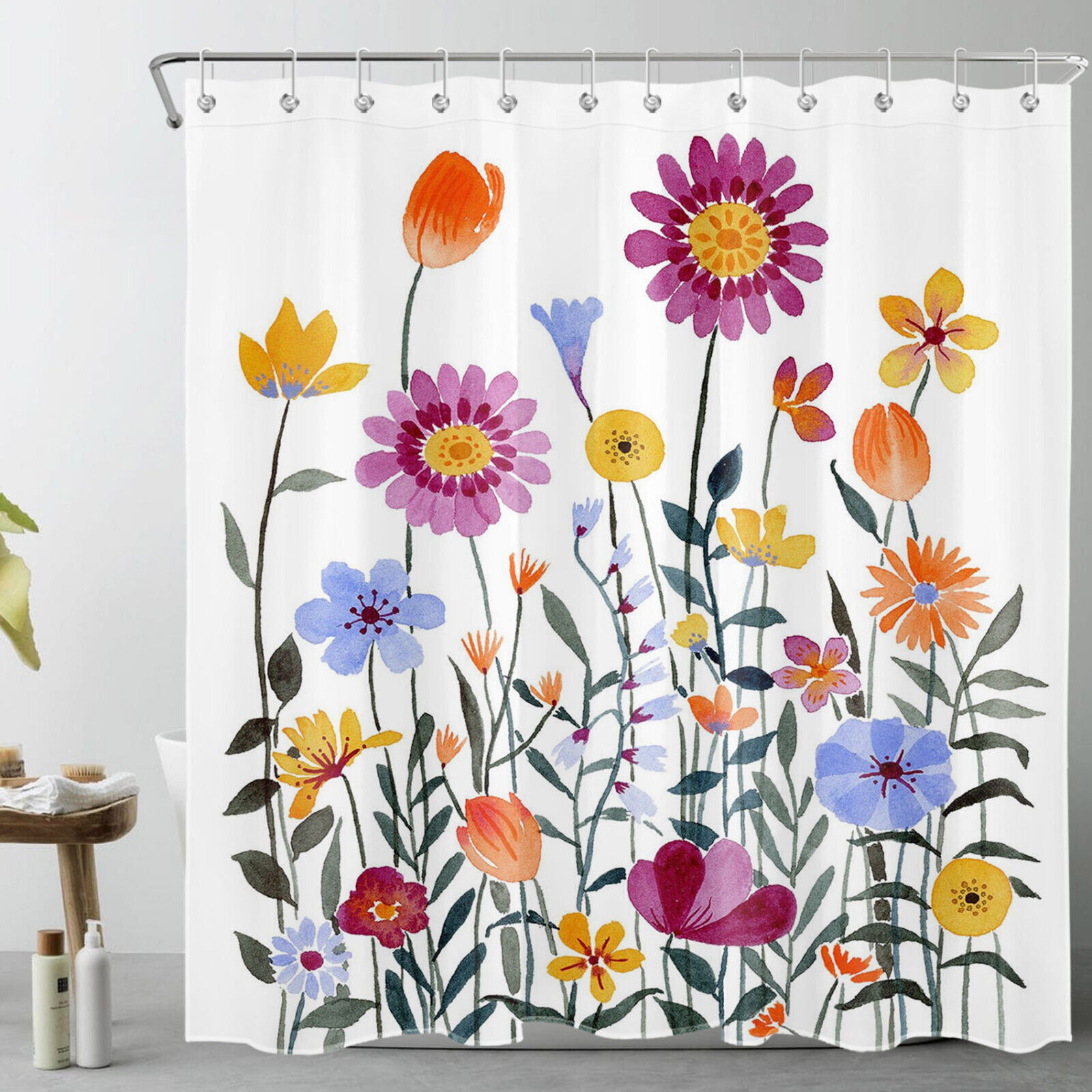Vibrant Watercolor Botanical Colorful Flower Shower Curtain for a Cheerful Bathroom