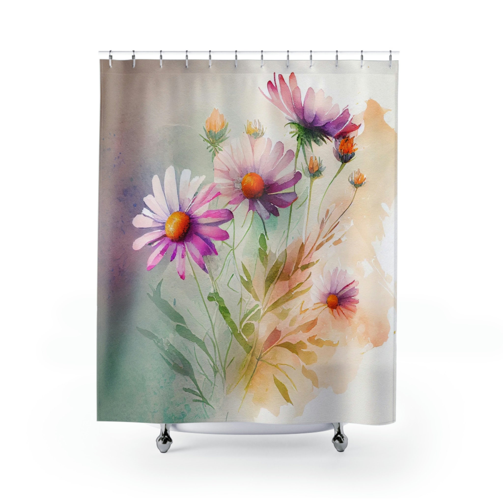 Vibrant Watercolor Daisy Shower Curtain With Floral Design - Image 2