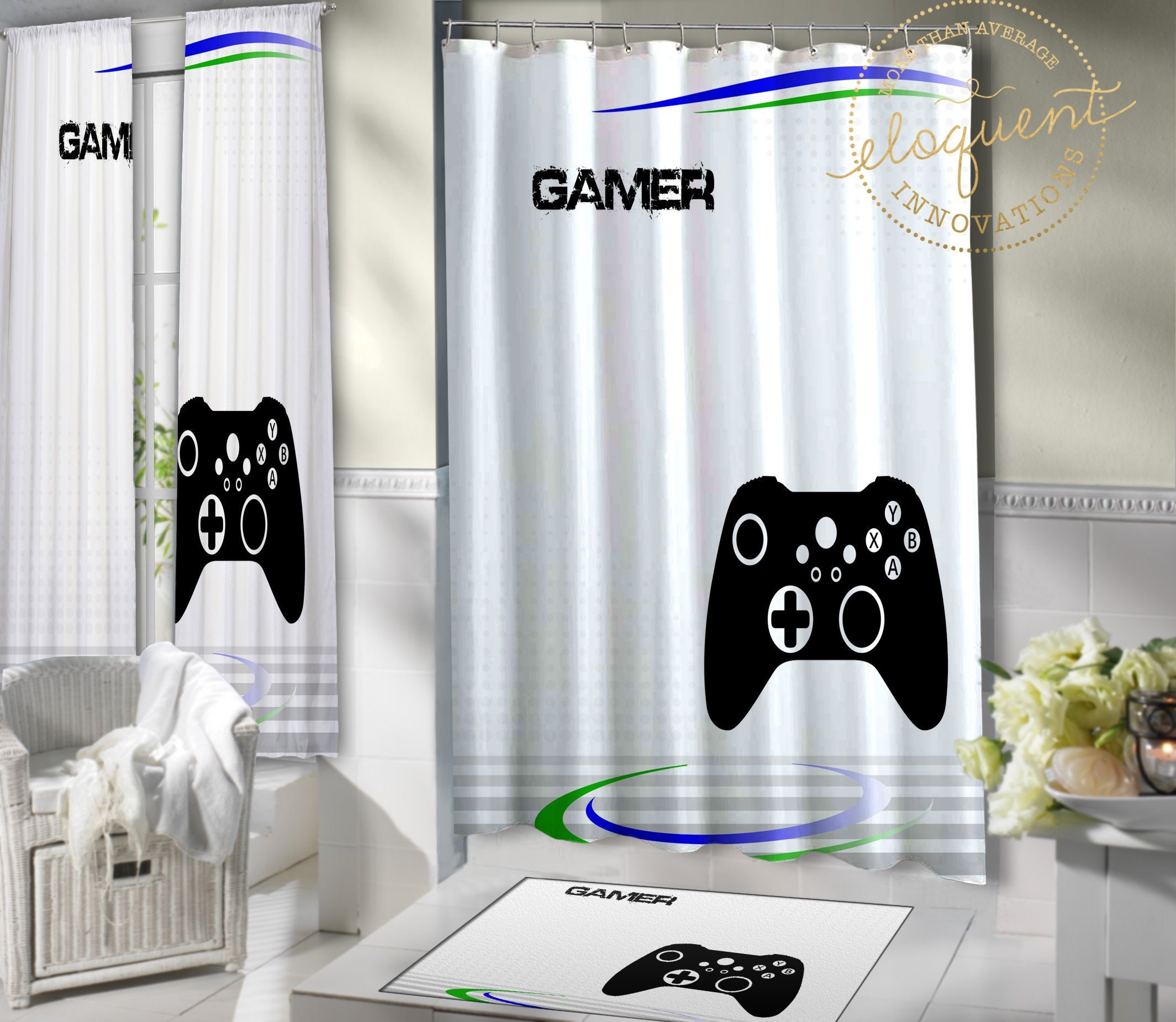 Video Game Bathroom Shower Curtain - Personalized Name and Gamer Decor