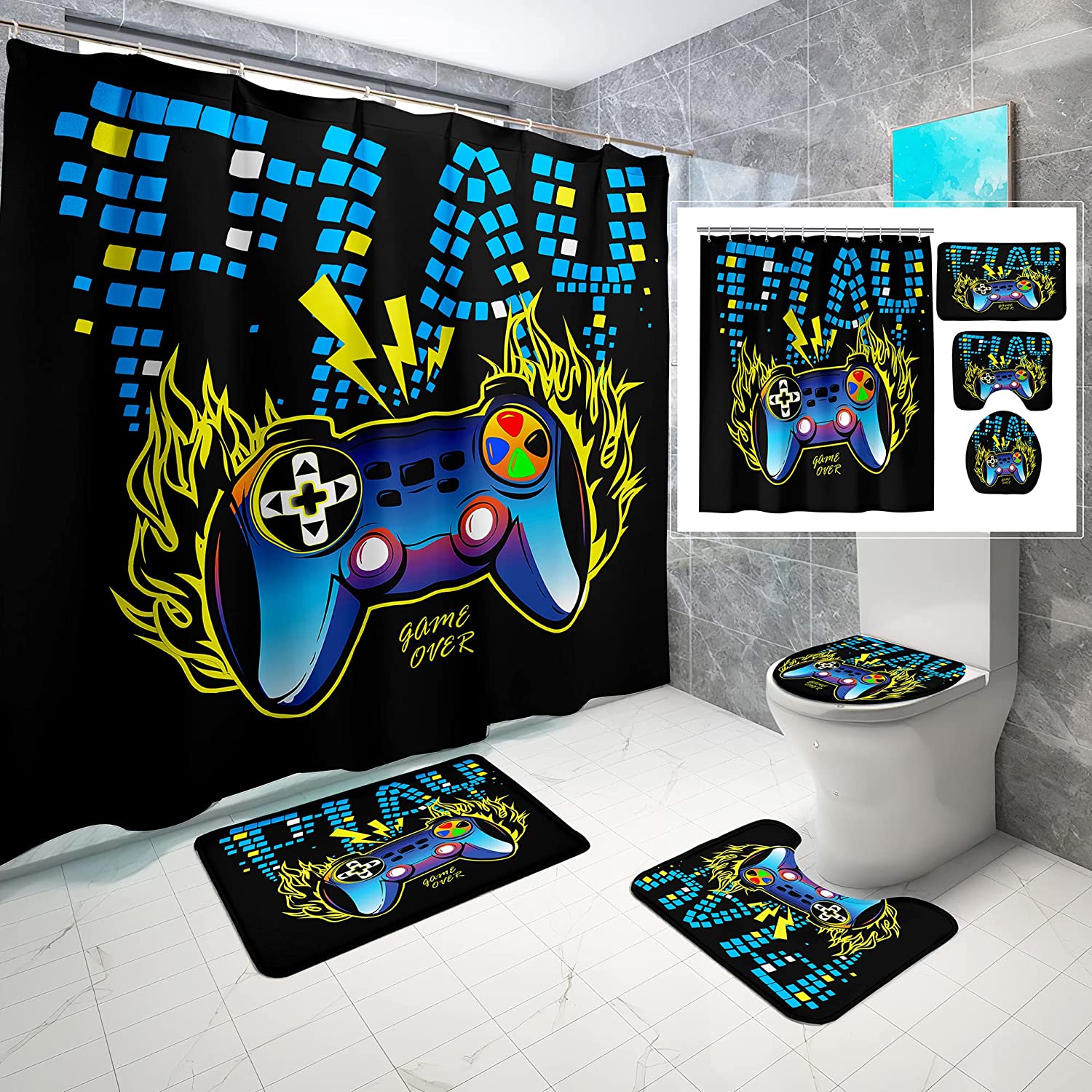 Video Game Controller Print Shower Curtain for Bathroom Gamer Theme Home Decor Waterproof