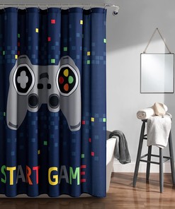 Video Game Themed Navy Shower Curtain- A Fun Addition to Your Video Game Dcor 