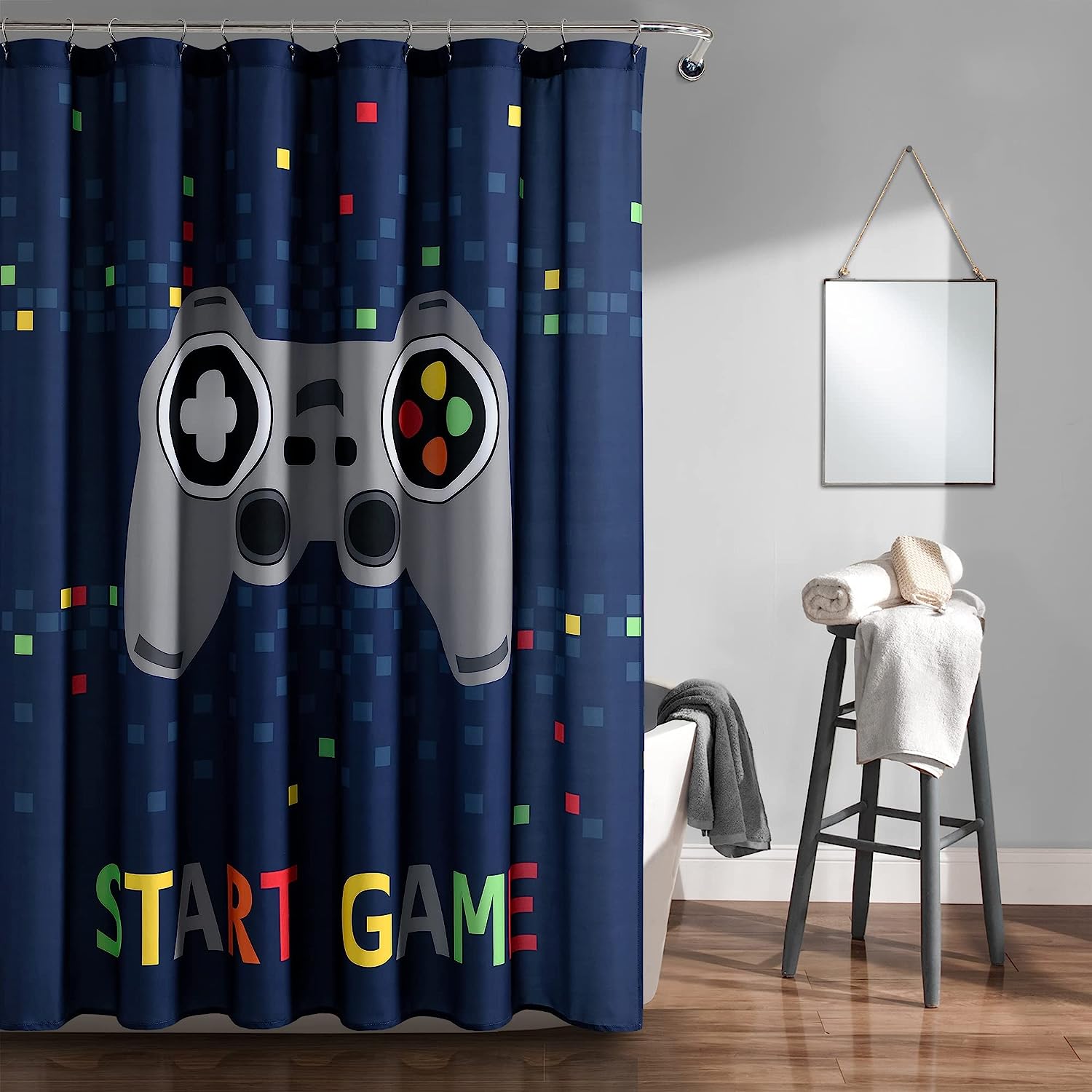 Video Game Themed Navy Shower Curtain- A Fun Addition to Your Video Game Dcor