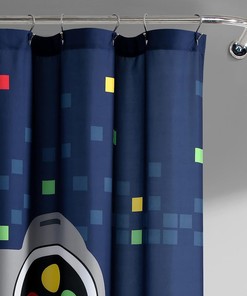 Video Game Themed Navy Shower Curtain- A Fun Addition to Your Video Game Dcor