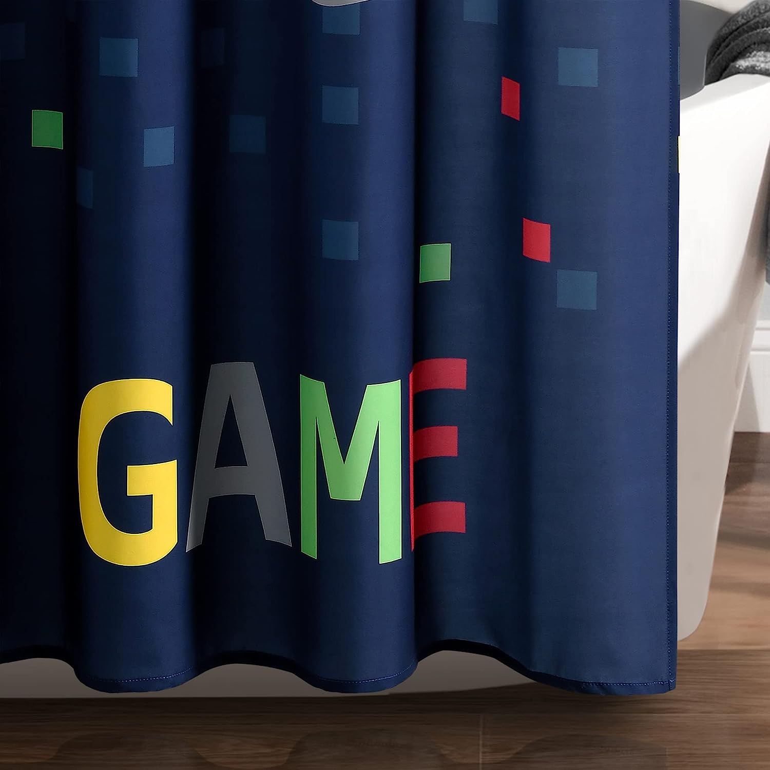 Video Game Themed Navy Shower Curtain- A Fun Addition to Your Video Game Dcor