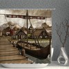 Viking Boat Medieval Village Mountains Dock Cottage Vintage Shower Curtain for Bathroom with Fabric Material