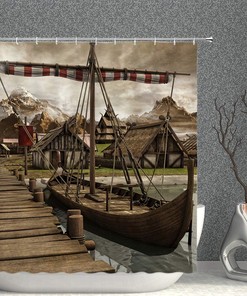 Viking Boat Medieval Village Mountains Dock Cottage Vintage Shower Curtain for Bathroom with Fabric Material