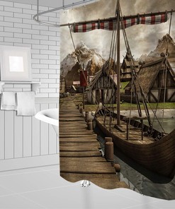 Viking Boat Medieval Village Mountains Dock Cottage Vintage Shower Curtain for Bathroom with Fabric Material