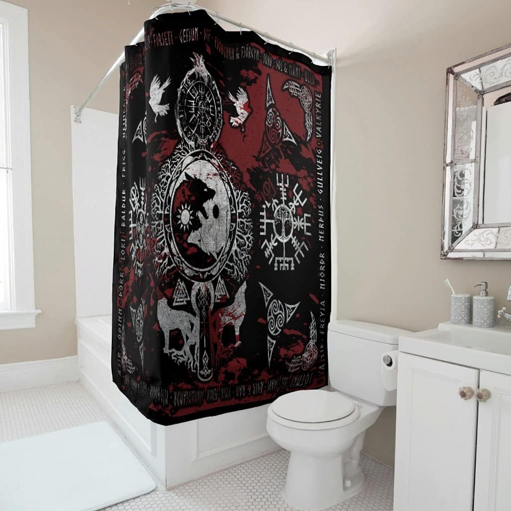 Viking Fenrir Wolf Designed Farmhouse White Bathroom Shower Curtain- Waterproof and Decorative