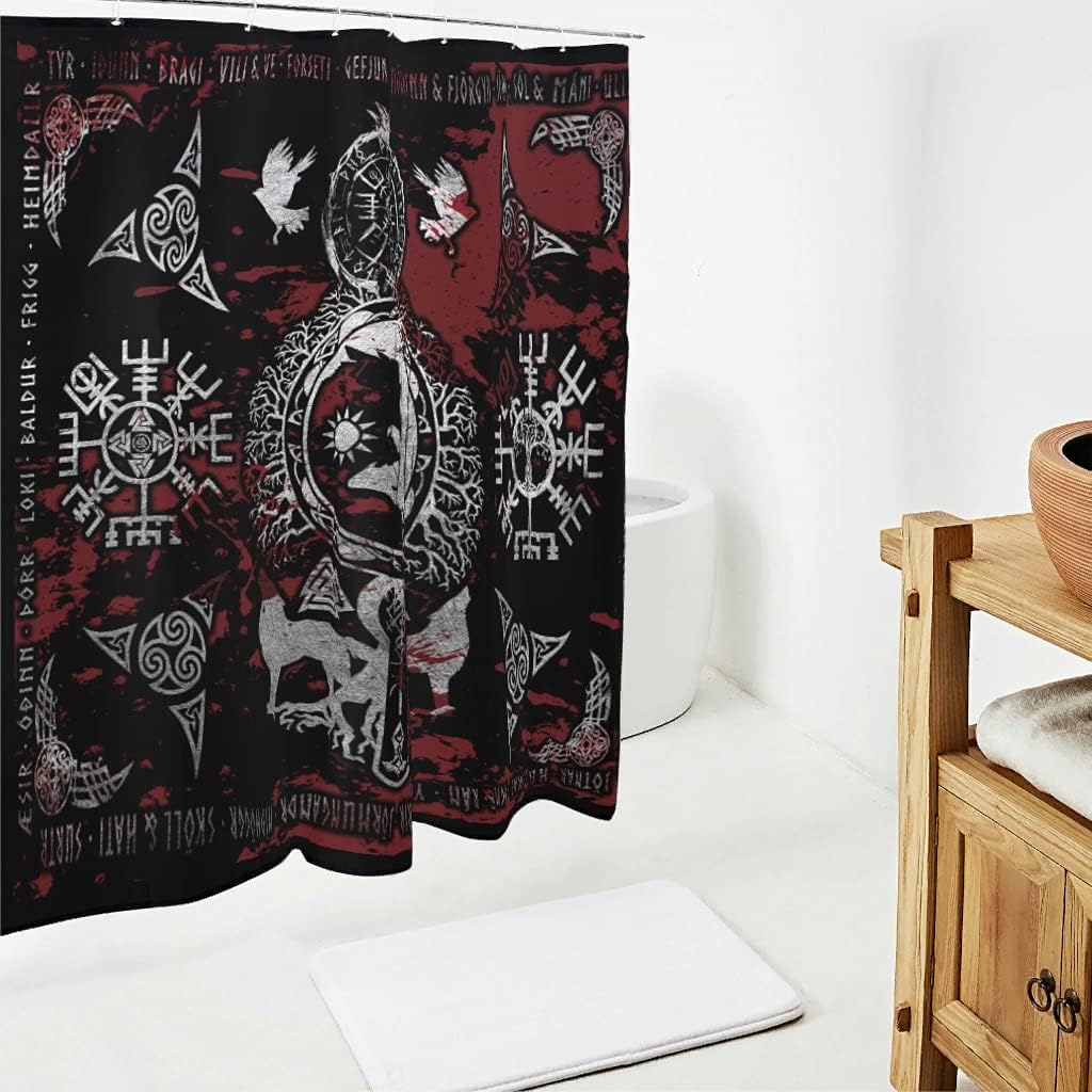 Viking Fenrir Wolf Designed Farmhouse White Bathroom Shower Curtain- Waterproof and Decorative