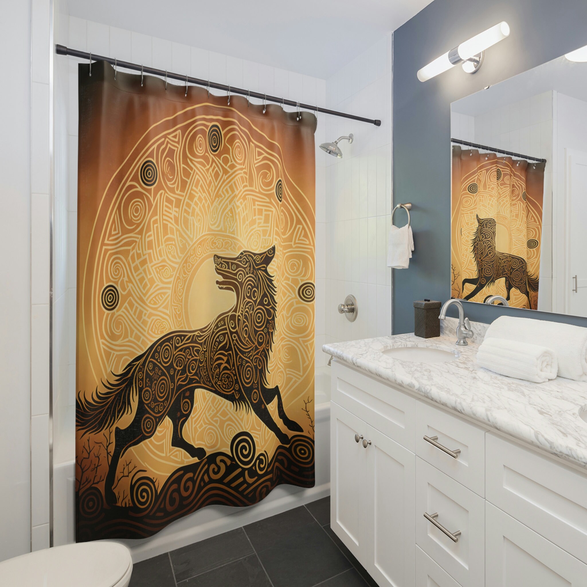 Viking Knotwork Shower Curtain - Chasing the Sun Design with Viking Story - Housewarming Gift for Viking Enthusiasts
