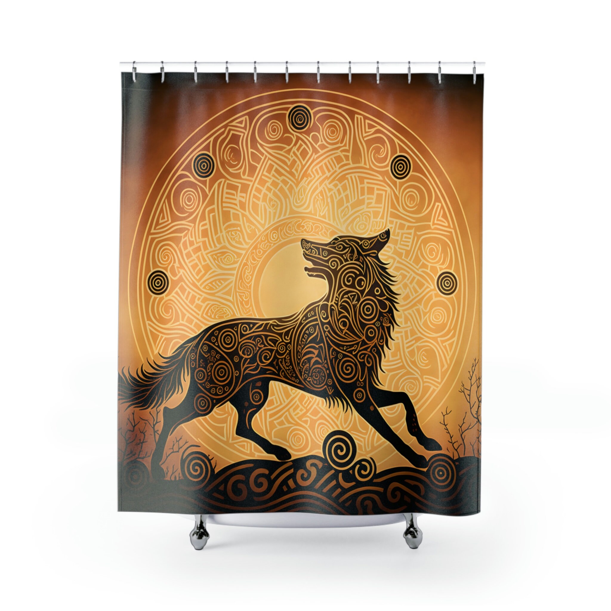 Viking Knotwork Shower Curtain - Chasing the Sun Design with Viking Story - Housewarming Gift for Viking Enthusiasts