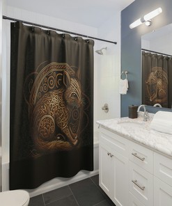 Viking Knotwork Shower Curtain, Housewarming Gift with Ratatoskr and Viking Story Design