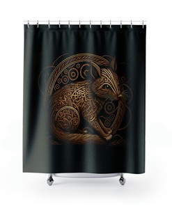 Viking Knotwork Shower Curtain, Housewarming Gift with Ratatoskr and Viking Story Design