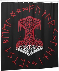 Viking Mjolnir and Norse Rune Wheel Shower Curtain for Unique Home Decoration
