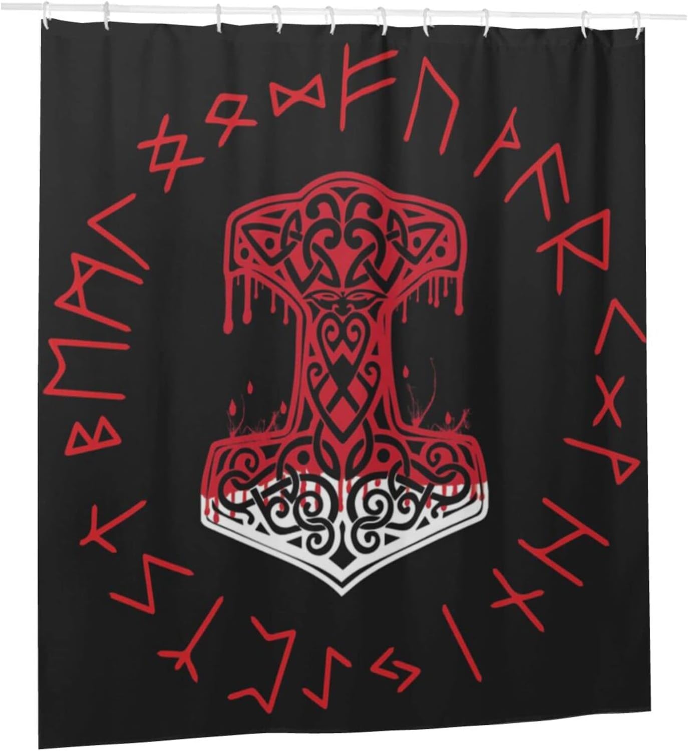 Viking Mjolnir and Norse Rune Wheel Shower Curtain for Unique Home Decoration