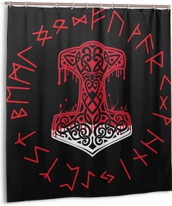 Viking Mjolnir and Norse Rune Wheel Shower Curtain for Unique Home Decoration