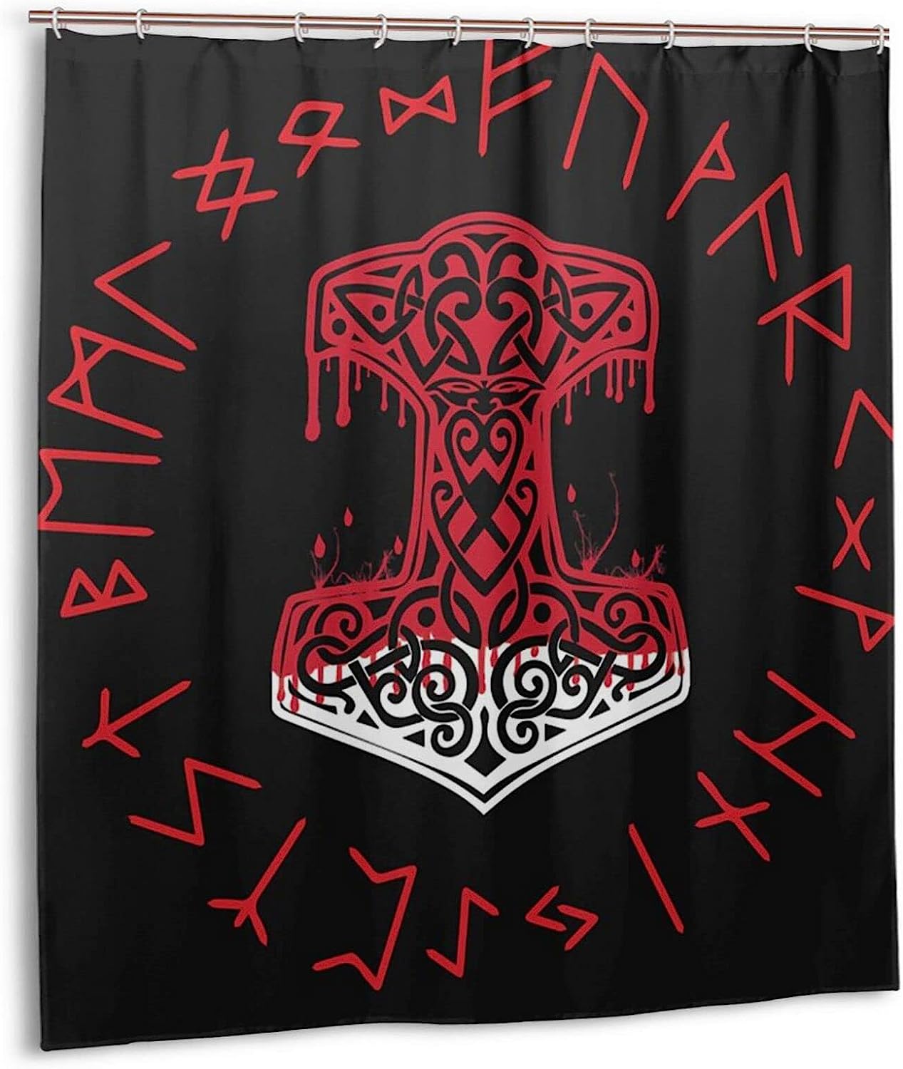 Viking Mjolnir and Norse Rune Wheel Shower Curtain for Unique Home Decoration
