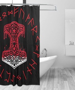 Viking Mjolnir and Norse Rune Wheel Shower Curtain for Unique Home Decoration