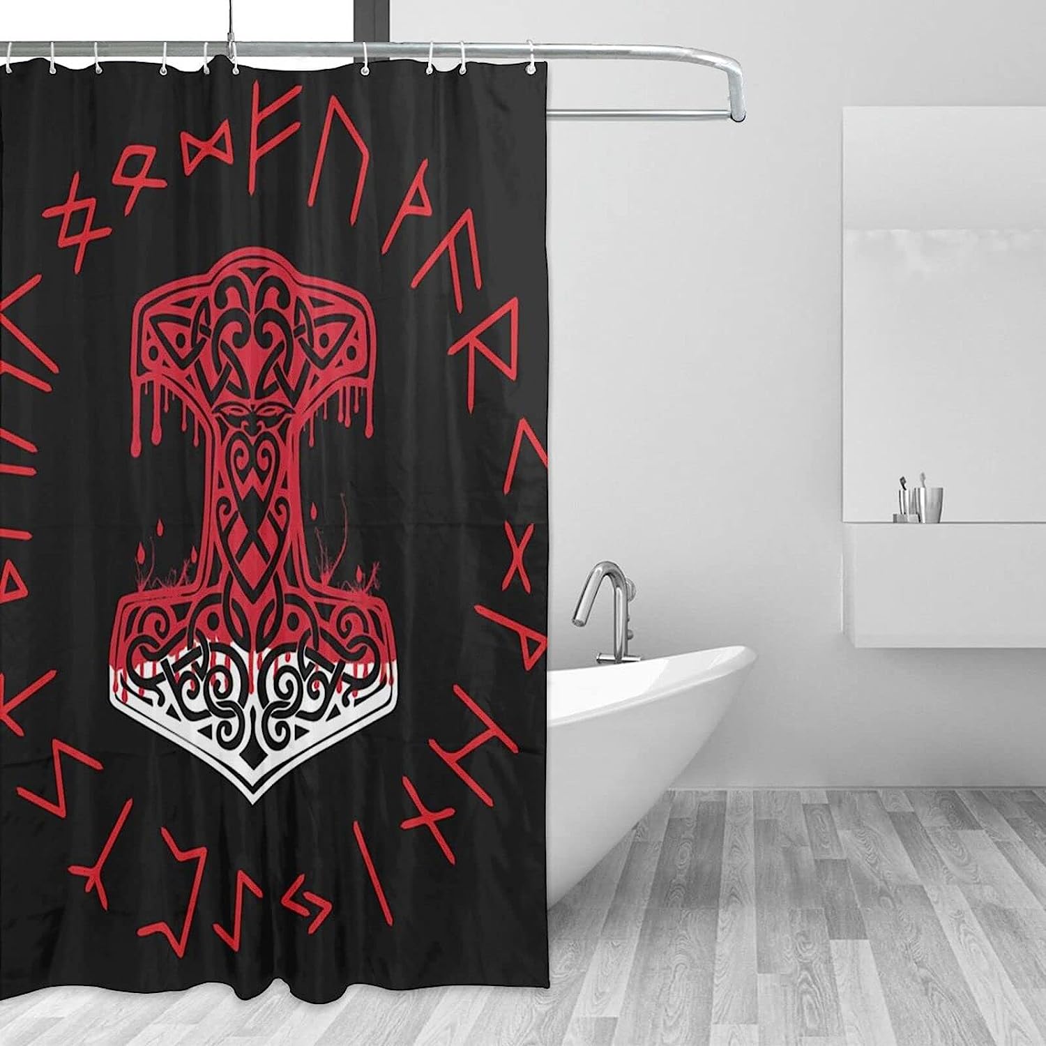 Viking Mjolnir and Norse Rune Wheel Shower Curtain for Unique Home Decoration