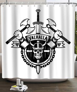 Viking National Symbol Axe Skull Shower Curtain, Black and White Abstract Bathroom Decor, Fabric Bath Curtain