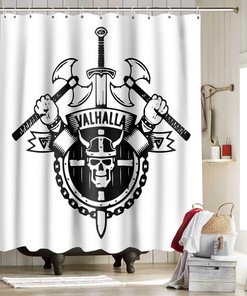Viking National Symbol Axe Skull Shower Curtain, Black and White Abstract Bathroom Decor, Fabric Bath Curtain