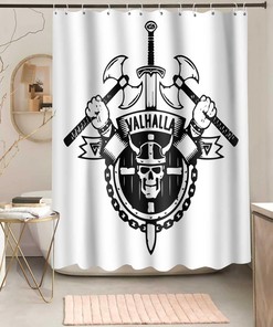 Viking National Symbol Axe Skull Shower Curtain, Black and White Abstract Bathroom Decor, Fabric Bath Curtain